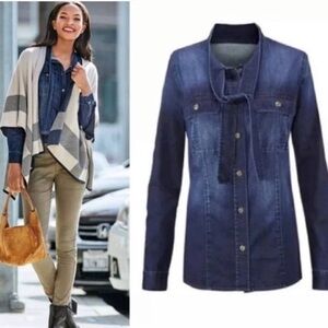 Cabi Waterfront Shirt 3290, Medium, Boyfriend, Button Up, Dark Wash, Tie